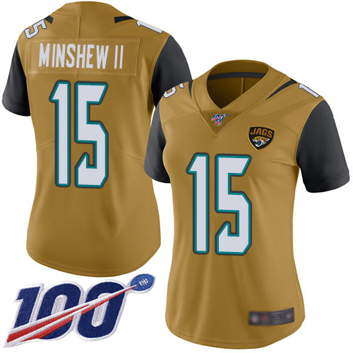 Nike Jacksonville Jaguars #15 Gardner Minshew II Gold Women Stitched NFL Limited Rush 100th Season Jersey->women nfl jersey->Women Jersey